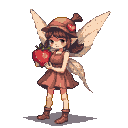A pixie with translucent wings and an earthy brown dress holds a red strawberry.