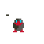 A stubby grey creature with a large red beak and blue eyes stands on red feet against a black background. A single dark grey pixel floats to its left.