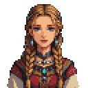 Nordic woman with braided blonde hair, blue beads, and blue eyes, wearing a red and brown tunic with gold trim and turquoise embellishments.