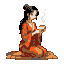 Asian woman in orange and red traditional attire kneels, holding a steaming teacup.