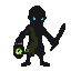 A gaunt, hunched figure in tattered dark green pixelated robes clutches a broken lantern with a sickly green glow and holds a rusty knife. Piercing blue pixel eyes stare from a shadowy face.