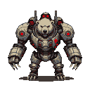 A powerful polar bear encased in a dark, segmented robotic mech with glowing red optical sensors and weapon systems on its shoulders.