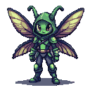 Anthropomorphic moth-like creature with iridescent wings forming a hooded cloak, wearing segmented green and purple armor.