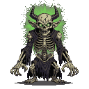 Menacing ghoul boss with glowing green eye sockets, sharp horns, cracked skull, and tattered dark robes, hunched with clawed hands outstretched. A sickly green mist surrounds it.