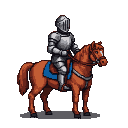 Stoic knight in full plate armor on a chestnut horse.