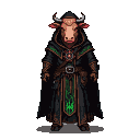 A cow necromancer in dark, hooded robes with intricate patterns, standing stoically.