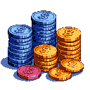 Stacks of blue, orange, and one pink coin, some upright and some flat, clustered against a black background.