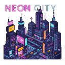 A sprawling, futuristic cityscape at night, rendered in deep blues and purples with glowing neon accents of pink, cyan, and yellow. Towering skyscrapers with illuminated signs and windows are crisscrossed by elevated roadways.