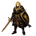 Stoic knight in black armor with golden filigree and red accents, holding a golden sword and shield with an emblem.