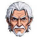 Stern elderly man with white hair and beard, piercing brown eyes, and deep wrinkles.