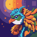 Stylized creature with teal and green plumage, bird-like beak, and a fiery orange and yellow mane against a purple to orange gradient sky with scattered orange pixels.