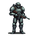 Elite soldier in gleaming segmented power armor, holding a rifle at chest level. A single crimson optical sensor glows on the helmet.