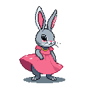 A bipedal rabbit wearing a flowing pink dress and a golden necklace.