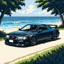 A black 1995 Honda Civic coupe parked on a sandy road, with palm trees and the ocean in the background under a cloudy sky.