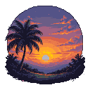 Silhouetted palm tree against a vibrant sunset with orange, pink, and purple hues, textured clouds, and a hazy horizon. Dark foliage and water in the foreground, within a dark circular border.