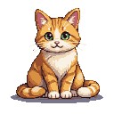A ginger tabby cat with bright green eyes sits attentively, tail curled around its body.