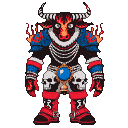 A minotaur with fiery accents on its head and shoulders, wearing a skeletal necklace and armor with skull motifs.