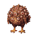 Amorphous creature with a bulbous body covered in red-irised eyes, standing on spindly chicken legs.