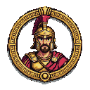 Roman gladiator bust with a crimson-plumed helmet and golden segmented armor, set within an ornate golden circular emblem.