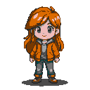 Young girl with auburn hair wearing an orange hooded jacket, grey t-shirt, distressed jeans, and brown boots.