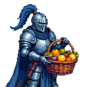 Knight in silver armor with blue cape and plume, holding a basket full of colorful fruits.