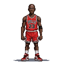 Michael Jordan in his Chicago Bulls #23 jersey, standing with hands at his sides, wearing Air Jordan 1 High Chicago sneakers.