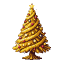 A golden Christmas tree with red and pearl ornaments, topped with a star.