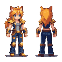 Young anime-style character with orange cat ears and hair, wearing a blue tunic with gold armor accents and dark blue trousers. Front and back views shown.