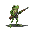 An anthropomorphic frog in a determined pose, holding a rifle with both hands, with a serious expression, against a black background.