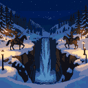 Two silhouetted gunslingers on horseback face each other across a chasm with a waterfall, under a starry night sky. Lanterns illuminate the snowy landscape.