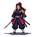 Stoic warrior in dark armor with red and gold accents, holding a sword. Long dark red-tinged hair pulled back, stern face with distinctive eye pattern.