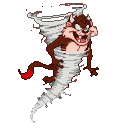 Tasmanian Devil mid-spin, a tornado of brown fur, white debris, and torn fabric, with mouth agape in a snarl and arms outstretched.