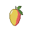 A ripe mango with yellow and pink hues, adorned with two small green leaves, on a transparent background.