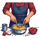 Hands stirring a golden mixture in a bowl with a slotted spoon, surrounded by a tomato, garlic, and cherry tomatoes. The cook wears a red shirt and blue apron.
