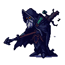 Cloaked figure with a skeletal mask, glowing orange eyes, and a staff, standing against a black background with a faint green glow on their shoulder.