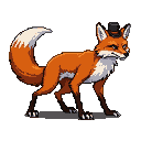 A sly fox wearing a black top hat, with bushy orange fur, white chest, and dark ear and paw tips.