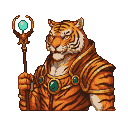 Regal humanoid tiger in ornate golden armor with emeralds, holding a staff topped with a glowing turquoise orb.