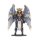 A winged angel knight in silver and gold armor holds a sword aloft, with majestic white wings spread wide.