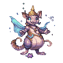 A whimsical creature with large blue eyes and a gentle smile, adorned with golden jewelry and a regal headdress. It has translucent, shimmering wings and sparkling particles float around it.