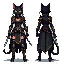 Anthropomorphic cat assassin in black and gold attire, wielding dual daggers. Front and back views.