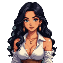 Woman with dark hair, blue eyes, white shirt, and brown bodice.