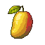 A plump mango with a gradient of yellow, orange, and red, and a single green leaf.