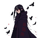 A lone shinobi with long black hair and piercing red eyes, wearing a dark cloak with crimson cloud symbols and a scratched forehead protector, surrounded by black crows.