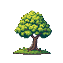 A solitary, verdant tree with a thick trunk and a voluminous canopy of emerald and lime leaves, rooted in a patch of mossy ground with tiny pixelated grass.