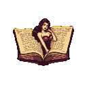 A woman with flowing dark hair emerges from an open antique book.