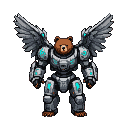 A bear in a segmented, metallic mech suit with glowing teal accents and large, metallic wings.