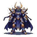 Warrior in dark blue and gold armor with golden horns and glowing green eyes, wearing a dark blue cape.
