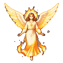 Radiant angel with feathered wings of yellow and orange, fiery halo, and a flowing cream gown, emitting a warm glow.