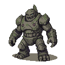 A hulking Nether Golem made of moss-covered stone with segmented armor, sharp teeth, and glowing teal eyes.