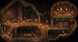 Dimly lit cavern interior with jagged stalactites, rough stone walls and floors, and flickering torches. An arched doorway and carved staircases suggest multiple levels and chambers.
